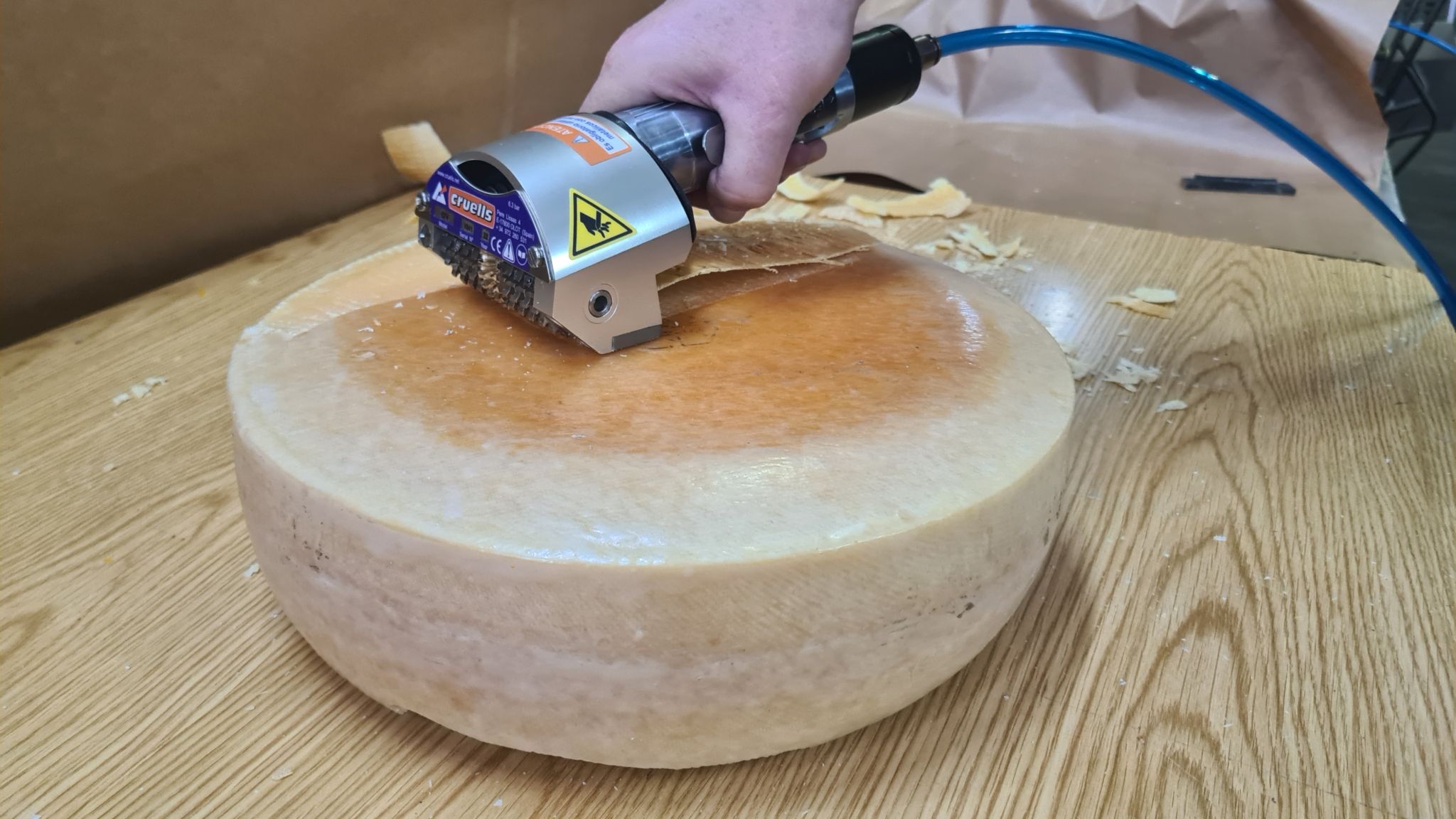 Descortezadora Q-72 pelando queso curado