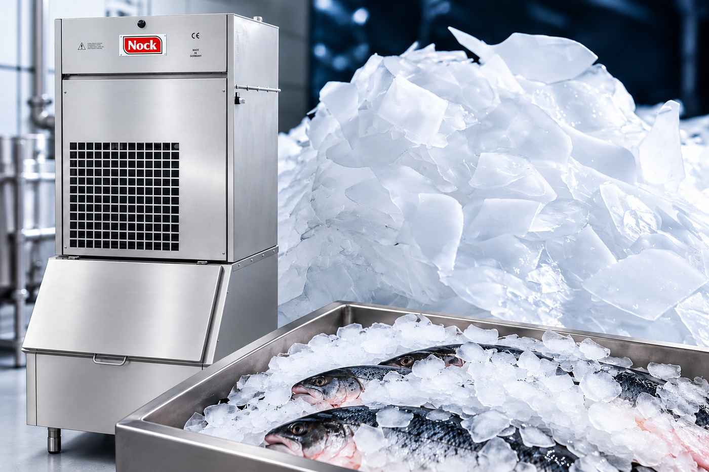 Máquina de hielo en escamas NOCK NSH con hielo y pescado fresco