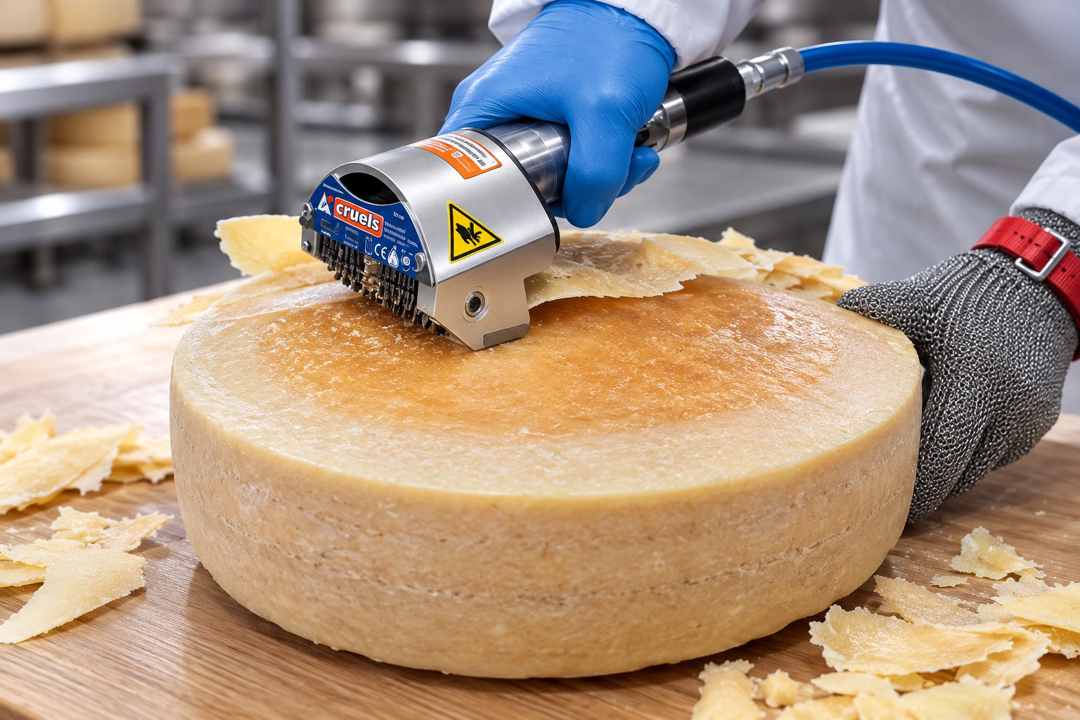 CRUELLS Q-72 Pneumatik-Entschwartungsmaschine beim Entfernen der Käserinde