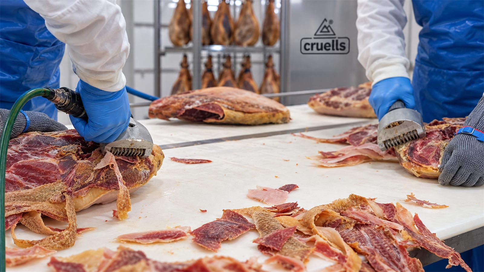 Operario descortezando jamón curado con la descortezadora neumática CRUELLS Q-72